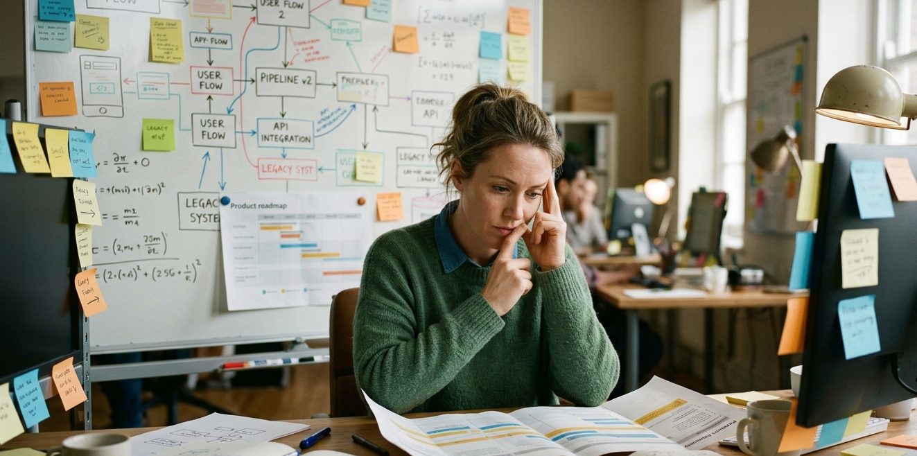 Product manager working through complex roadmaps and fragmented requirements at a desk